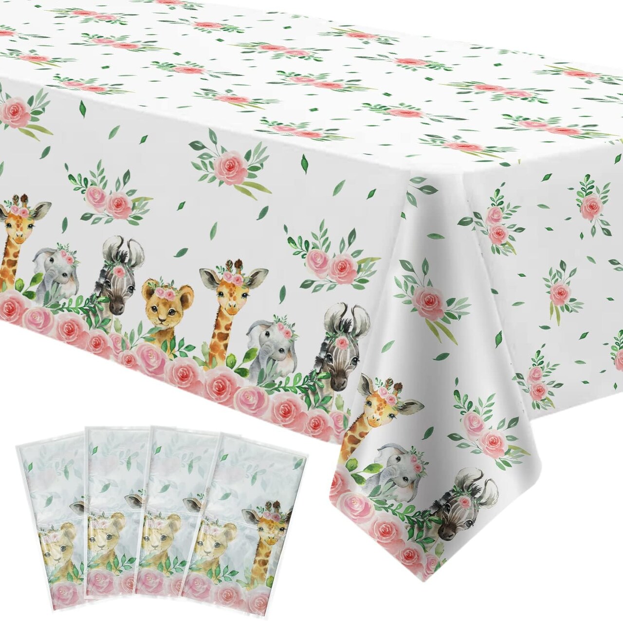 Safari Tablecloth for Girls - Disposable Jungle Party Tablecover Supplies, Jungle Animal Safari Theme Birthday Baby Shower Table Cloth Decorations - 4 Pack (54in x 108in)